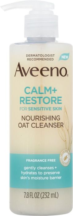 Aveeno Calm + Restore Nourishing Oat Facial Cleanser with nourishing oat and calming feverfew for sensitive skin gently cleanses and hydrates skin. Ideal for irritated, dry, sensitive skin, this milky cleanser lifts away dirt and impurities, leaving skin looking healthy and feeling hydrated. Aveeno Calm + Restore suitable for sensitive skin with nourishing oat goes beyond soothing and restores skin's moisture barrier. The non-comedogenic formula of this gentle face cleanser has been tested on se Milky Cleanser, Gentle Face Cleanser, Cleanser For Sensitive Skin, Facial Cleansers, Dry Sensitive Skin, Dermatologist Recommended, Daily Skin Care Routine, Gentle Cleanser, Daily Skin Care