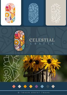 the logo for celestial crafts with sunflowers in front of it and an ornamental design