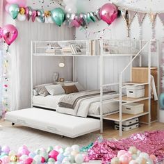 a bedroom decorated with balloons, streamers and confetti on the ceiling is white