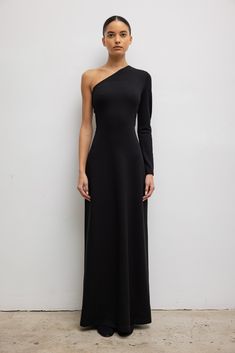 #color_black One Sleeve Maxi Dress, Black One Sleeve Dress, One Shoulder Long Sleeve Dress, One Shoulder Maxi Dress, One Sleeve Dress, Satin Set, Fitted Long Sleeve, Fabric Shoes, Long Black Dress