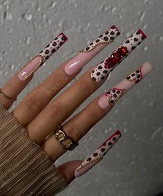 Never bored of leopard designs❤️ Add a little fun & cheeky set to your collection🛍️ 💛All orders are hand made with LOVE and brand new 💛Each order includes a DIY kit: Nail file, wooden cuticle pusher, nail buffer, alcohol wipes & nail glue✨ 💛Reusable, depending on your care method 💛Length in photo/videos above: 3XL Square 💛Set is done in gel polish **TAG us @beautybarbyjenn in your nailfies on instagram to be featured on our page** Cheetah Gold Nails, Leporad Nail Designs, Acrylic Nails With Cherries, Cheetah Nails With Red, Lola Bunny Nails, Lepord Print Nails Design, Red Cheetah Print Nails, Red Nail Designs Fall, Lv Nails Louis Vuitton