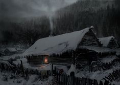 a cabin in the woods is covered with snow