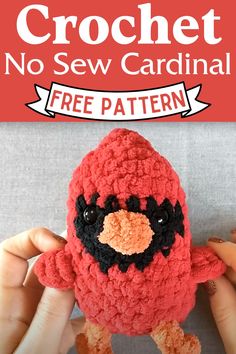 This Crochet No Sew Cardinal Pattern brings cardinals to life with charming details like little wings, a pointed head, and curvy talons, all crocheted in one go without sewing. Using Bernat Blanket yarn in crimson, orange, and coal, and a 6 mm crochet hook, the pattern ensures no stuffing peeks through. It’s a delightful project for winter or Christmas, making a cute addition to any handmade collection. Cardinal Amigurumi Free Pattern, Cardinal Crochet Pattern Free, Crochet Cardinal Pattern, Cardinal Crochet, Crochet Cardinal, No Sew Crochet Amigurumi, Crochet Chickens, Winter Crochet Ideas, Crochet No Sew