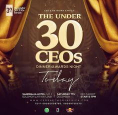 the under 30 ceos dinner / awards night flyer with gold drapes and curtains