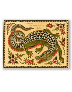 an ornately decorated painting with two lizards on it