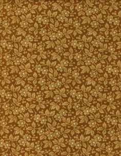 an orange and brown floral pattern on fabric with small flowers in the center, surrounded by smaller green leaves