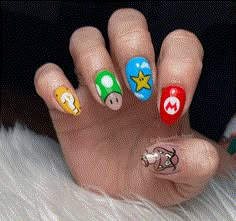 35 Super Mario Nail Designs Princess Peach Nail Ideas, Mario Nails Easy, Super Mario Nails Art, Mario Acrylic Nails, Princess Peach Nail Art, Super Mario Bros Nails