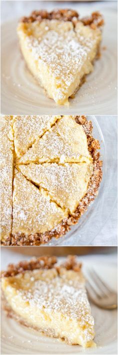 three different views of a pie with powdered sugar on the top and bottom slices