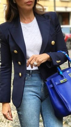 Captain Blazer Outfit, Balmain Blazer Outfits, Navy Blazer Women, Jeans Blazer Outfit, Balmain Blazer, Jean Jacket Outfits, Mens Casual Outfits Summer