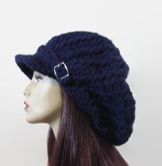 This is made to order. It is oversized and can tuck lots of hair. It is crocheted with chunky acrylic dark blue yarn. A buckle and strap are added. I make this hat in other colors so let me know if you want a different color. Hand wash is recommended. Knit Hat With Brim, Rasta Hat, Crochet Newsboy Hat, Navy Blue Crochet, Crochet Dreadlocks, Oversized Hat, Crochet Bandana, Newsboy Hat, Cap Patterns