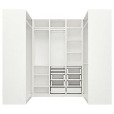 an empty white closet with drawers and shelves