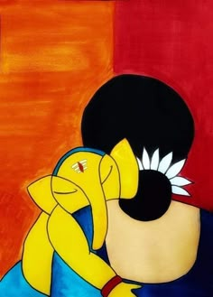 a painting of a cartoon character hugging someone's face