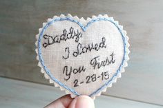 "Custom embroidered love note for your first love ~ your Dad. This is sure to be a tear jerker! Give your Dad this hand embroidered love note as a reminder of your love on the big day. I created this hand embroidery to be a patch that is easily hand sewn onto the back of your mans tie, but it can be used in other ways too. Many brides also attach their patches to Jackets & Vests or add a something blue to the inside of their own wedding gown. I have even created patches for bridesmaids dress Groom Gift From Bride, Father Of The Bride Gift, Embroidered Tie, Wedding Tie, Cotton Anniversary, Heart Outline, Bride And Groom Gifts, Embroidered Wedding, Custom Patches