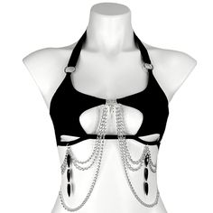 Featuring black fabric, soft black elastic, and silver hardware.  What harness / leg garter / waistband elastic color best matches this item? ♡ Black Elastic  Spandex Nylon Blend • Hand Wash • Air Dry Thigh Garter, Leg Garters, Leg Garter, Harness Bra, Diamond Top, Rhinestone Top, Festival Tops, Star Top, Pearl Diamond