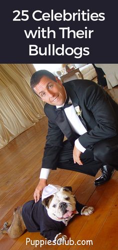 a man kneeling down next to a dog wearing a tuxedo