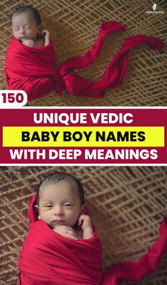 a baby wrapped in a red blanket with the caption unique vedic baby boy names with deep meanings