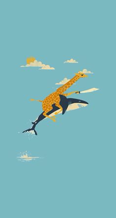 a giraffe is flying through the air with its head above water and clouds