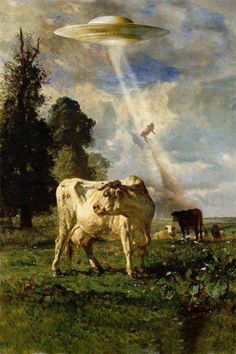 a painting of cows grazing in a field