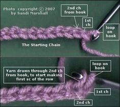 two pictures showing how to crochet the starting chain