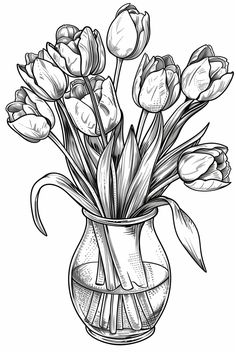 a vase filled with lots of tulips on top of a white tablecloth