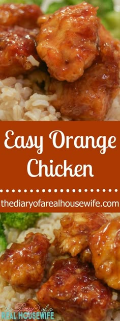 an easy orange chicken recipe with rice and broccoli on the side is shown