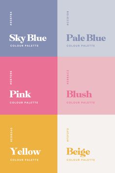 four color palettes with different font and colors for each type of logo, including blue, pink, yellow, purple, and white