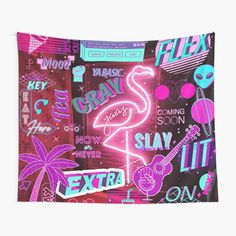 a pink flamingo neon sign surrounded by different types of stickers and lettering on a black background