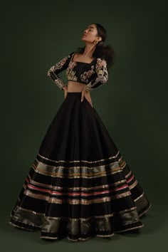 Black Chaniya Choli For Navratri, New Trend Lehenga Designs, Indian Frocks, Creative Dress, Indowestern Gowns, Black Lehenga Choli, Black Lehenga