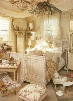 an old fashioned bedroom with antique furniture and decor