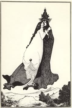 an illustration of two women dressed in black and white, one is riding on the back of a whale