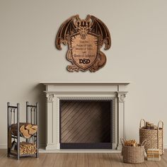 a living room with a fire place, fireplace and wooden carvings on the wall above it