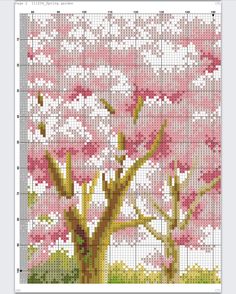 a cross stitch pattern with pink flowers in the tree and grass on the ground below