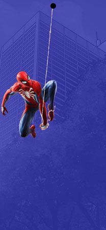 a spider man is suspended by a rope in front of a tall building and blue sky