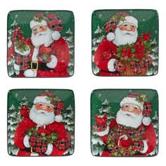 four square christmas plates with santa claus holding a potted plant in front of them