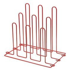 a red metal rack with six sections on each side and one section in the middle