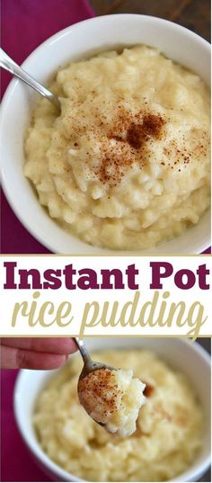 instant pot rice pudding in a white bowl with cinnamon sprinkles