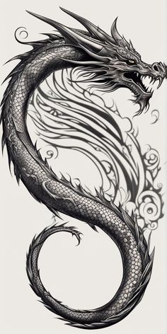 a black and white drawing of a dragon