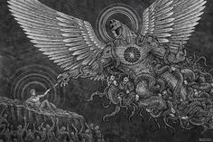 a drawing of an angel surrounded by snakes and other creatures in black and white ink