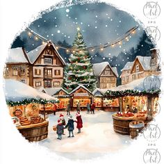 a watercolor painting of people shopping at a christmas market in front of a tree