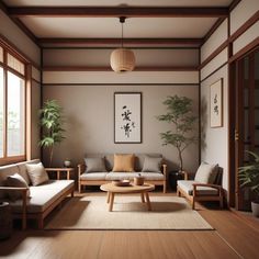 a living room filled with lots of furniture next to a window and potted plant