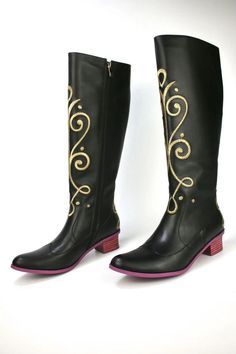 This listing has a 20% fee added on top to cover Etsy's fees.  Ready to ship styles available now! Please note this style is with the MAGENTA PINK heel, for red heel please visit our other listing Frozen 1 Park Inspired Anna Boots Made with genuine leather with a red/pink sole just like the parks! complete with some gorgeous gold embroidery complete with Anna's signature A on the back.  These boots are super comfortable with complete support inside.  With a thick sturdy park accurate heel are 1. Anna Frozen Boots, Anna Boots, Magenta Heels, Costume Shoes, Anna Frozen, Ice Princess, Red Heels, Gold Embroidery, Wide Calf