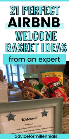 the welcome sign for an airport basket filled with food and snacks is displayed in front of a