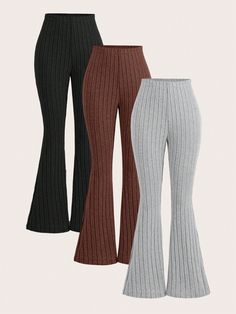 Women Knit Flared Leg Pants, Multi-Pack, Casual Brown Casual   Knitted Fabric Plain Flare Leg Medium Stretch  Women Clothing, size features are:Bust: ,Length: ,Sleeve Length: