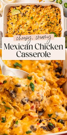 mexican chicken casserole in a white dish with a serving spoon