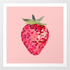 a strawberry made out of small squares on a pink background with a green leaf sticking out of it