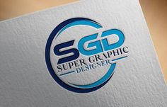 the logo for super graphic designer is shown on top of a white card board with blue trim