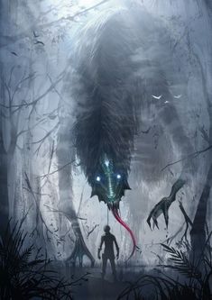 a man standing in front of a giant monster with glowing eyes