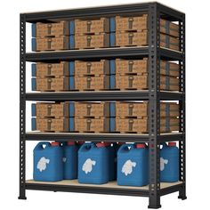 an industrial shelving unit with blue barrels and boxes on the bottom shelf, isolated against a white background