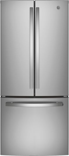 a stainless steel refrigerator freezer with two doors and no ice maker on the bottom