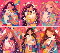 four different pictures of women with cats and hearts in their hair, one is holding a cat